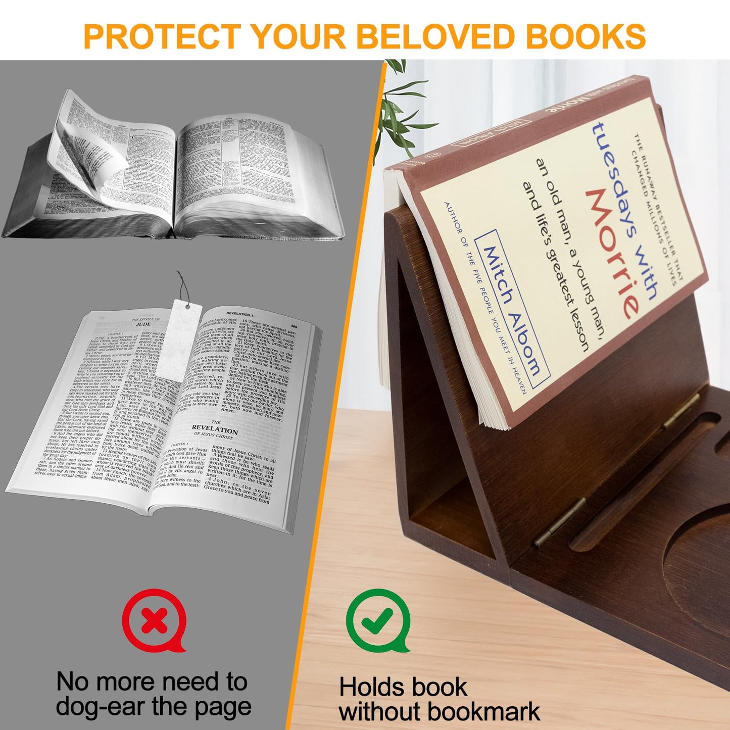 Book Reading Nook Valet with Cup Holder - Wooden Triangle Nightstand Book Stand Holder for Page Rest