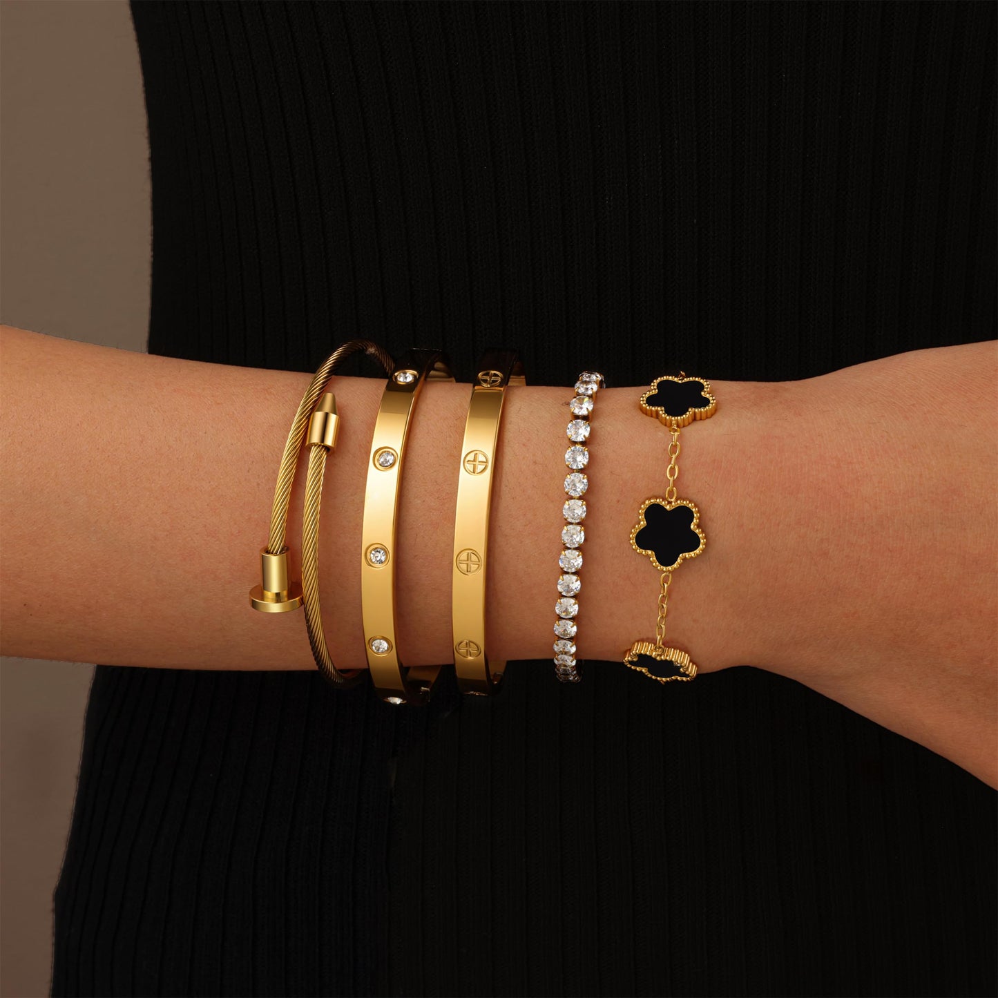 RIVOWMKI 18K Gold Plated Bracelet Set for Women, Sparkling CZ Bangle Adjustable Tennis Bracelet, Stackable Clover Jewelry, Non Tarnish Non Fade Long Lasting Shine for Client Meeting Afternoon Tea