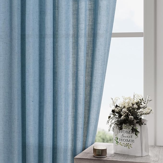 Nanspring Dusty Blue Linen Back Tab Curtains 94 Inch Length for Living Room 2 Panel Set Neutral Modern Farmhouse Window Curtain Privacy Semi Sheer Linen Drapes Rustic Country Window Treatment 52x94