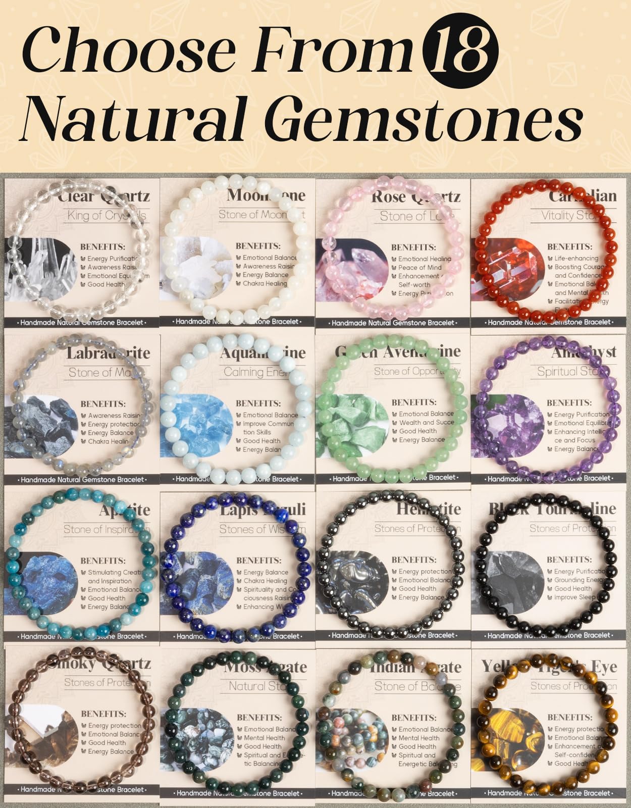Landorilo Beaded Bracelet for Men Women, 6mm Natural Stone Green Aventurine Healing Crystal Stretch Bracelets, Ideal Christmas Birthday Jewelry Gifts with Energy Card，Replacement Beads Included