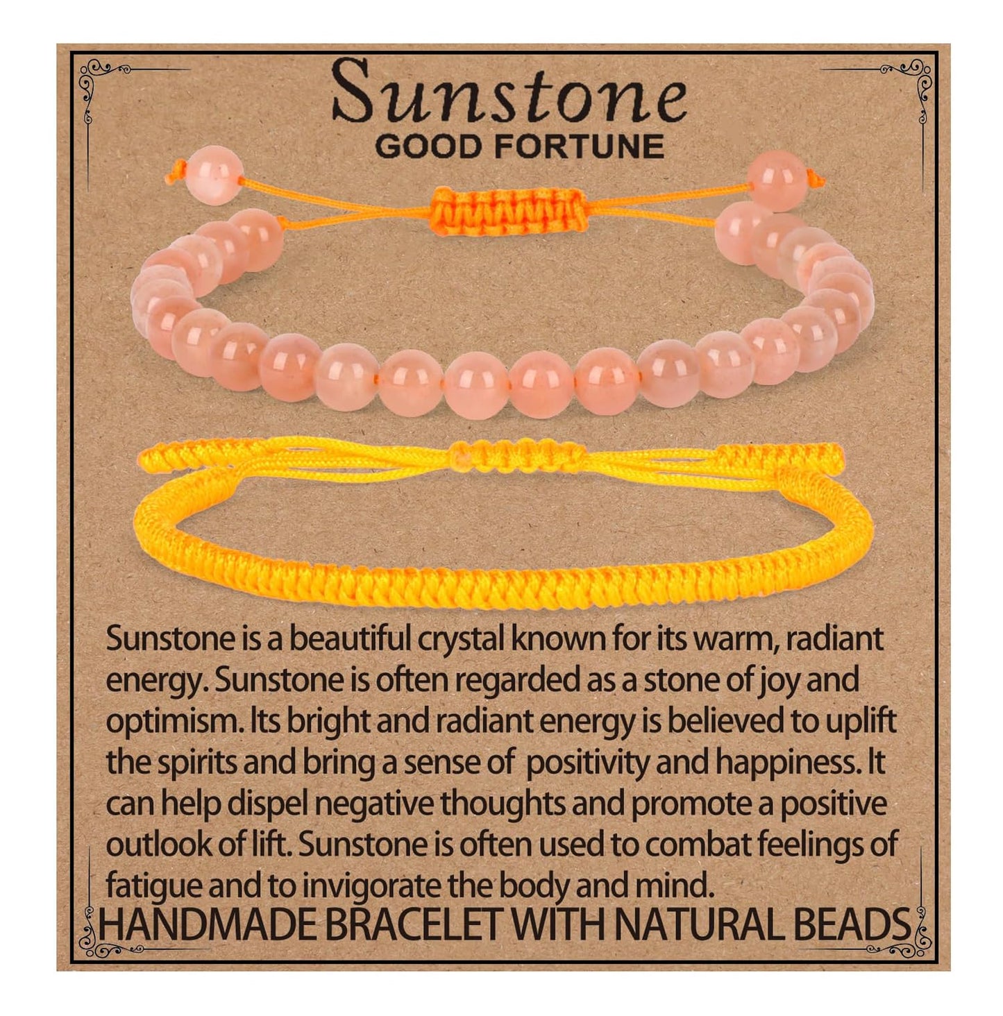 LPBeads 6mm SunStone Bracelet with Handmade Rope Bracelet Size Adjustable Natural Stone Crystal Healing Bracelets Gifts for Unisex Adults