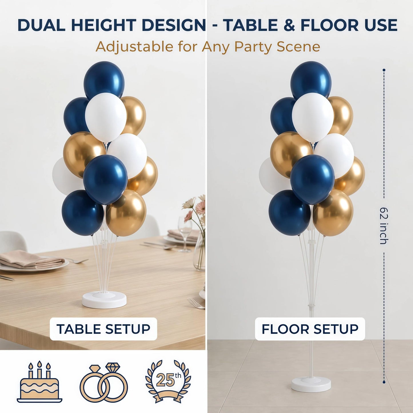 Balloon Column Kit for Floor- Set of 2,Balloon Columns with Stand, Base and Pole,Balloon Tower Backdrop Decoration for Wedding, Baby Shower, Birthday Party, or Bachelorette Parties (BLUE GOLD)
