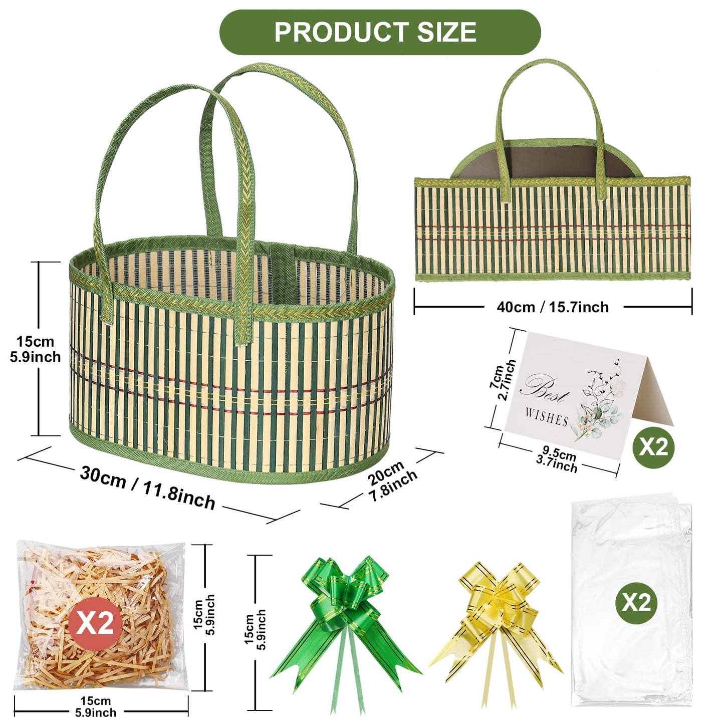 Gift Baskets Empty Hamper Basket Gift Box DIY Gift Hamper Set with 2 Bags,2 Bows ,2 Greeting Card and Raffia for Birthday Present,Easter, Christmas , Graduation, Wedding, Thanksgiving Gift Kit-2 Green