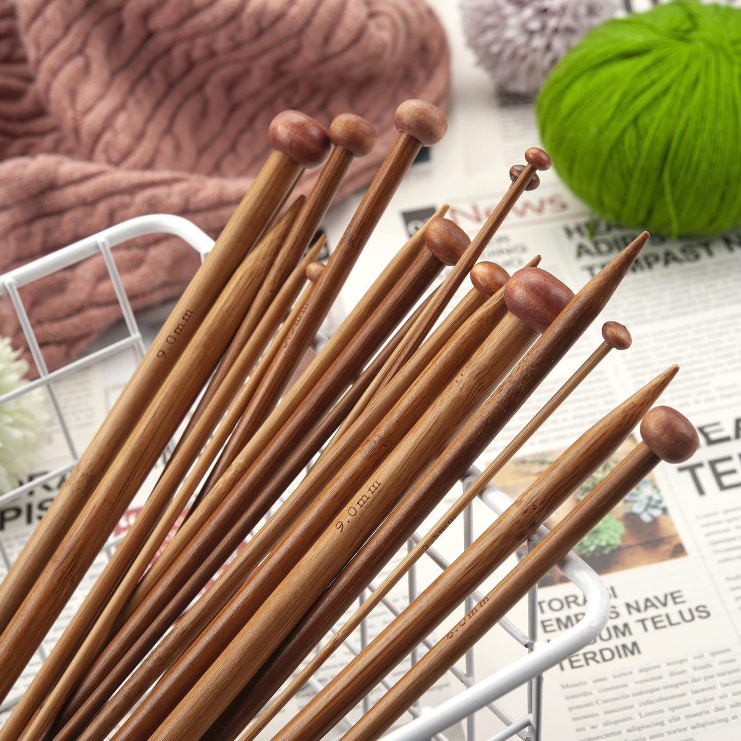 Bamboo Knitting Needles Set, Wooden Knitting Needles for Beginners, 18 Pairs US Size 0-15 (2.0-10.0mm) 14 Inch Long Straight Wood Knit Needle Single Point for Sweaters, Socks, Shawl and Scarf