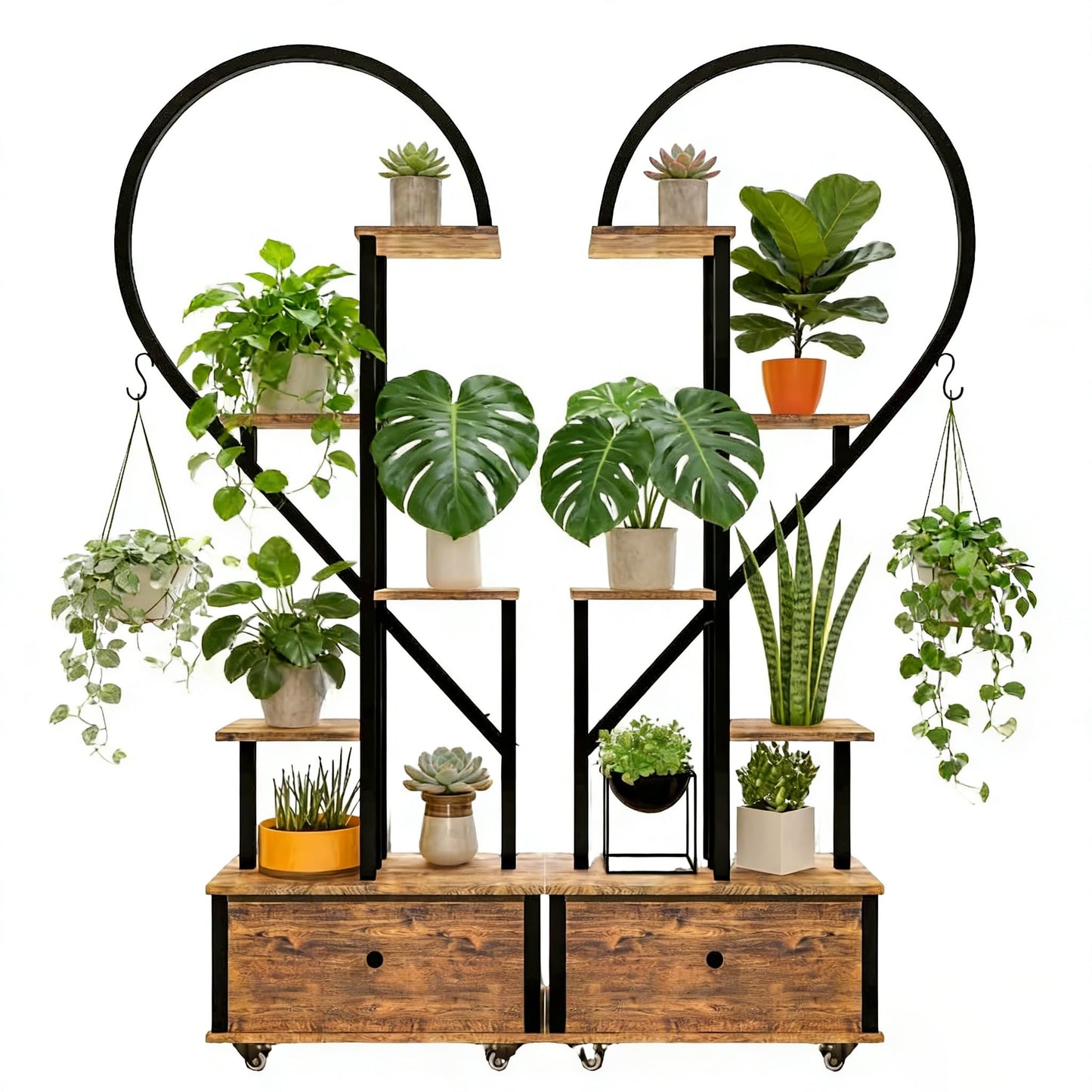 Heart Shaped Indoor Plant Stand with Rolling Storage Cabinet & Drawer, Multi-Tier Plant Shelf with Hanging Hooks & Casters for Home Office Living Room Patio Balcony, Rustic Brown, 2 Pack