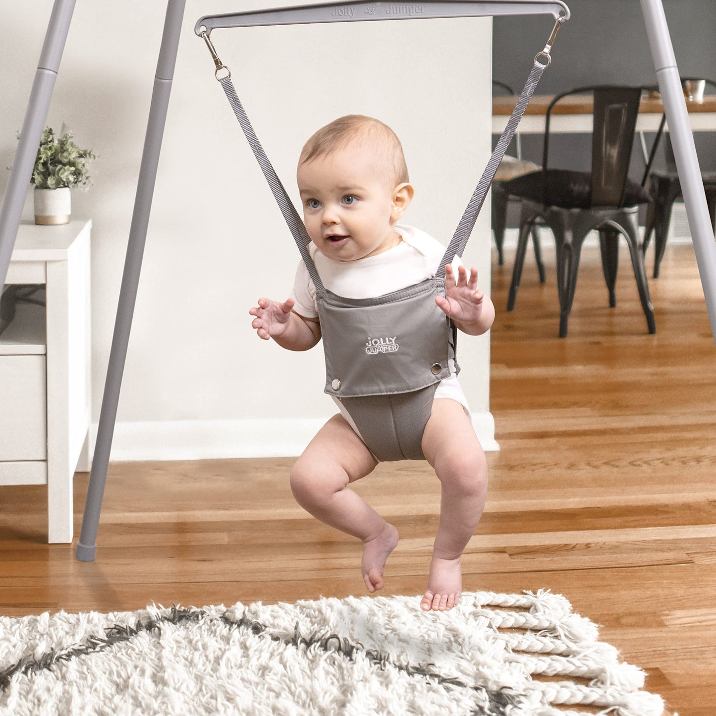 Jolly Jumper Elite (Grey) Baby Exerciser - Sturdy Frame, 6 ft Tall Stand Baby Jumper, Indoor and Outdoor Exercise Saddle Seat, Adjustable Height, for Infants up to 28 lbs