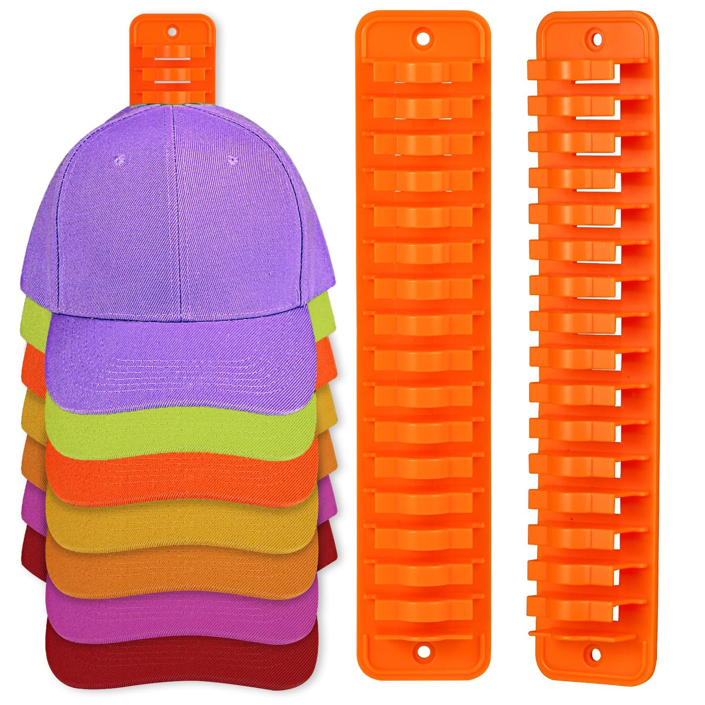 NAZZO Hat Racks for Wall, Hat Holder for Baseball Caps, Adhesive or Drilling Double Use Hat Display Hooks, Hat Organizer for Men Boys Bedroom Accessories, 2Pack Holds Up to 32 Caps, Orange