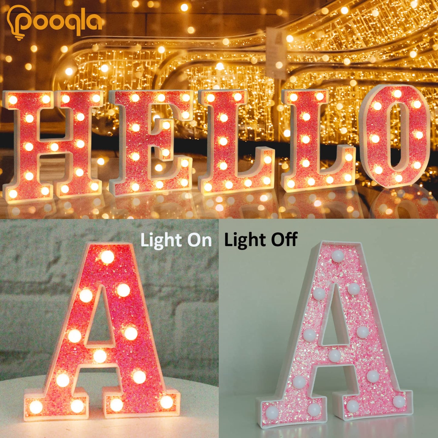 Pooqla LED Marquee Lights, Pink Glitter Alphabet Letters - Battery Powered Night Light, Birthday Party, Wedding, Home Bar, Christmas Decoration - Letter B