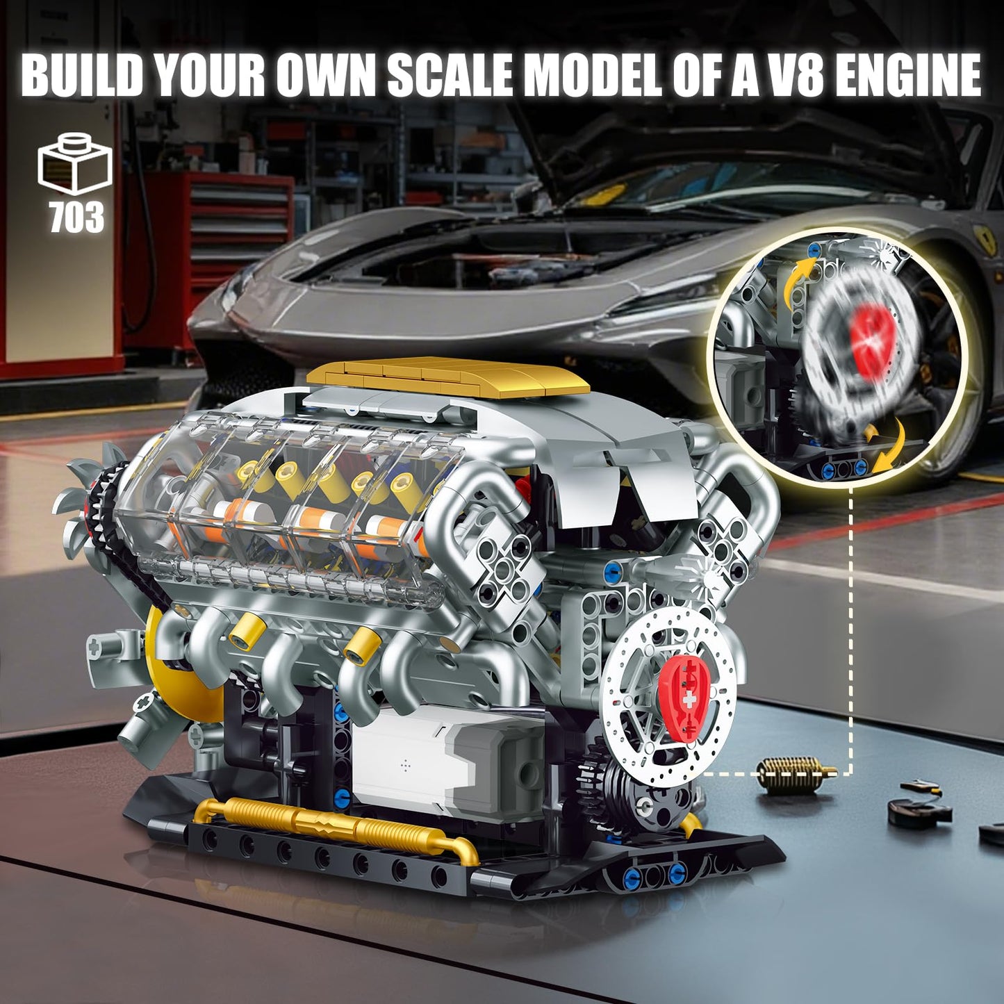 BseSparklion V8 Engine Model Kit that Runs, Build Your Own Mini Visible Car Motor, Physical Science Experiment Building Set for Adults & Teens, STEM Toy Gift for Boys 14+ (703 PCS)