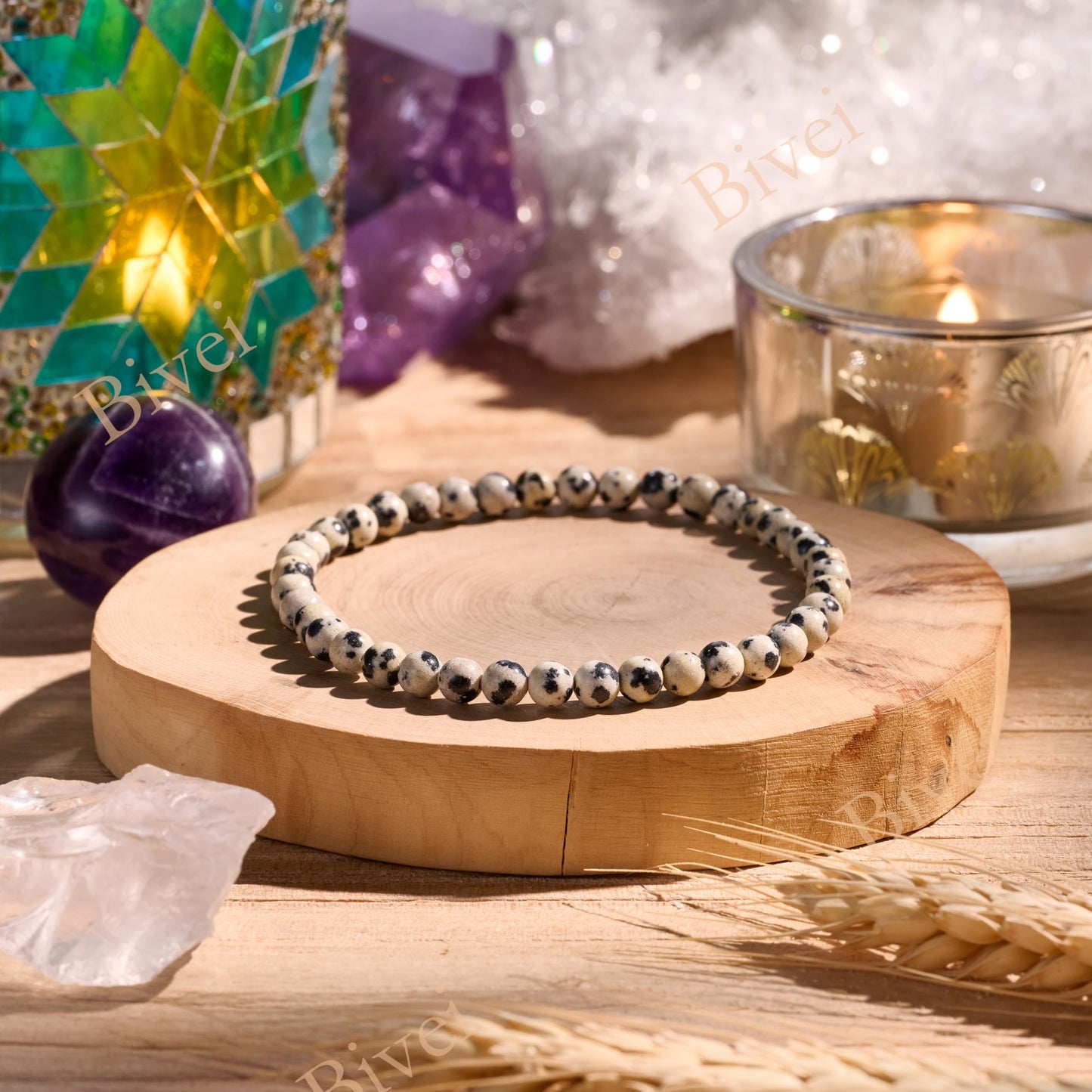 Bivei Dalmatian Jasper- Grounding & Joy -4mm Beaded Bracelets for Women Handmade Semi Precious Natural Stone Stretch Elastic Jewelry Yoga Protection Gifts