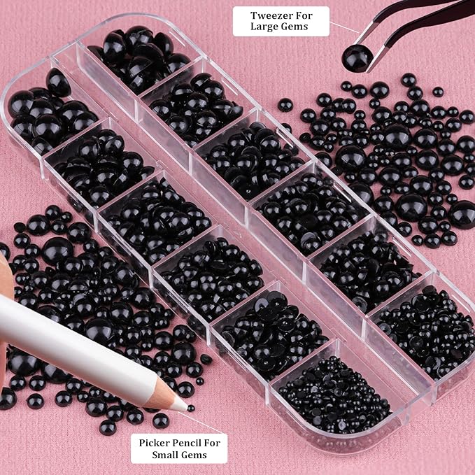 Belleboost Flat Back Pearls Kits 1 Box of Flatback Black Half Round Pearls with Pickup Pencil and Tweezer for Home DIY and Professional Nail Art, Face Makeup and Craft