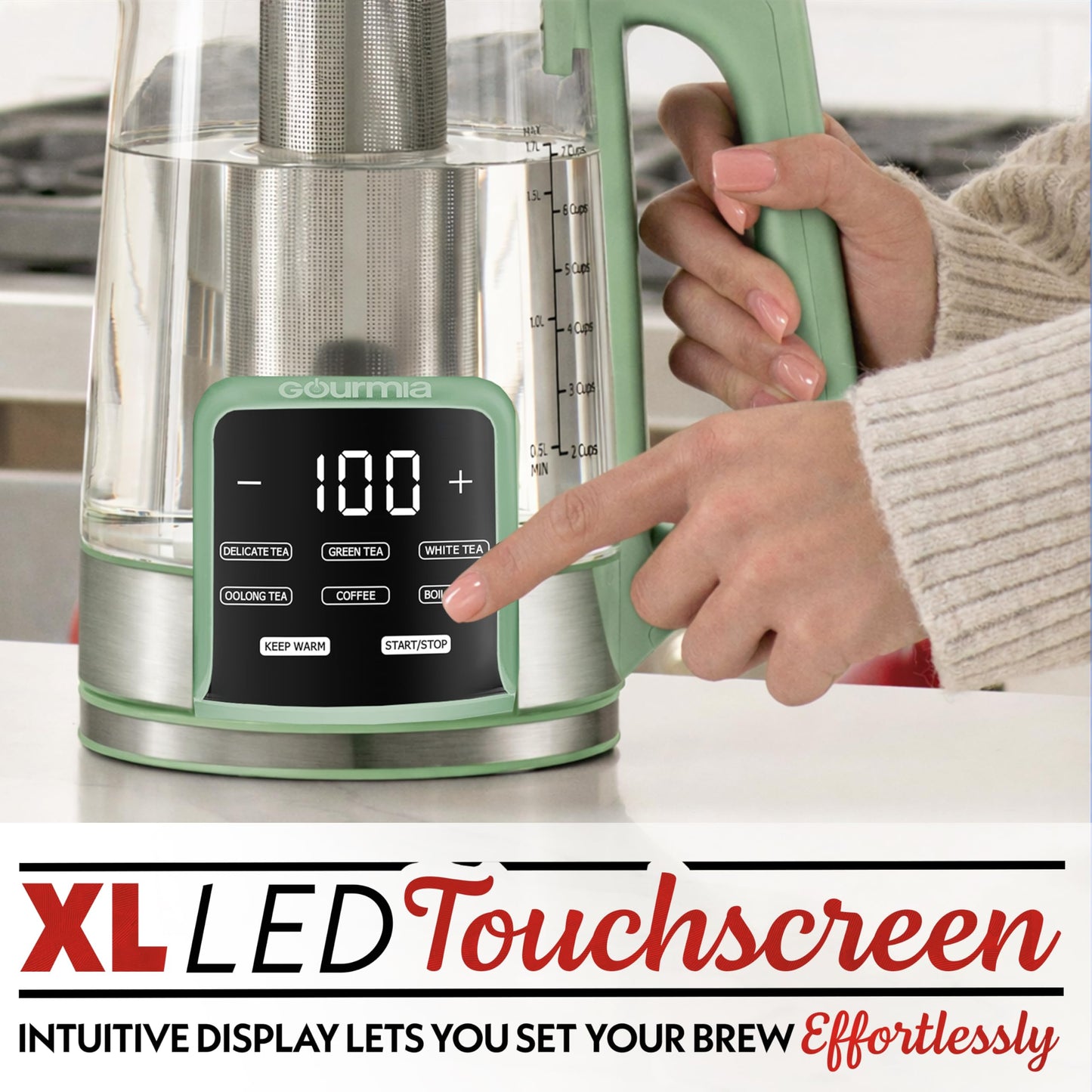 Gourmia Electric Glass Kettle – 1.7L Programmable Tea & Coffee Brewer with Digital Touch Display, 6 Presets, Removable Stainless Steel Infuser, Cordless with 360° Swivel Base, Green