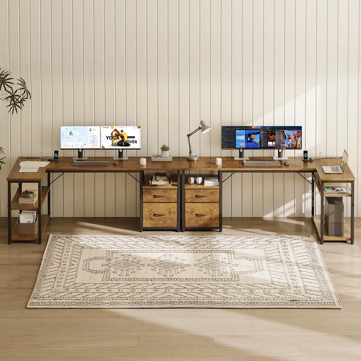 AODK 55 inch L Shaped Computer Desk with Drawers, Reversible Computer Desk with Storage Shelves, Home Office Desk with Built-in Power Outlet, Rustic Brown