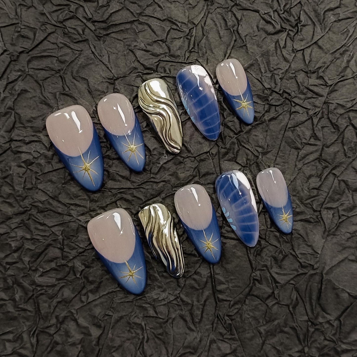 TENPAL Metallic Fake Nails With Crocodile Star Pattern,French Tip Press on Nails Almond,Blue Nails Press ons, Handmade Glue On False Nails,Acrylic Y2k Artificial Nails Tips 10pcs/Box,Small Size