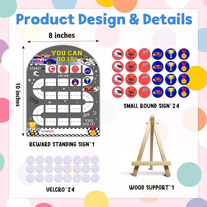 Race Car Reward Chart, Behavior Chart for Kids at Home, Wooden Incentive Chart Signboard with 24 Tokens, Truck Themed Sticker Charts Classroom Essentials -06
