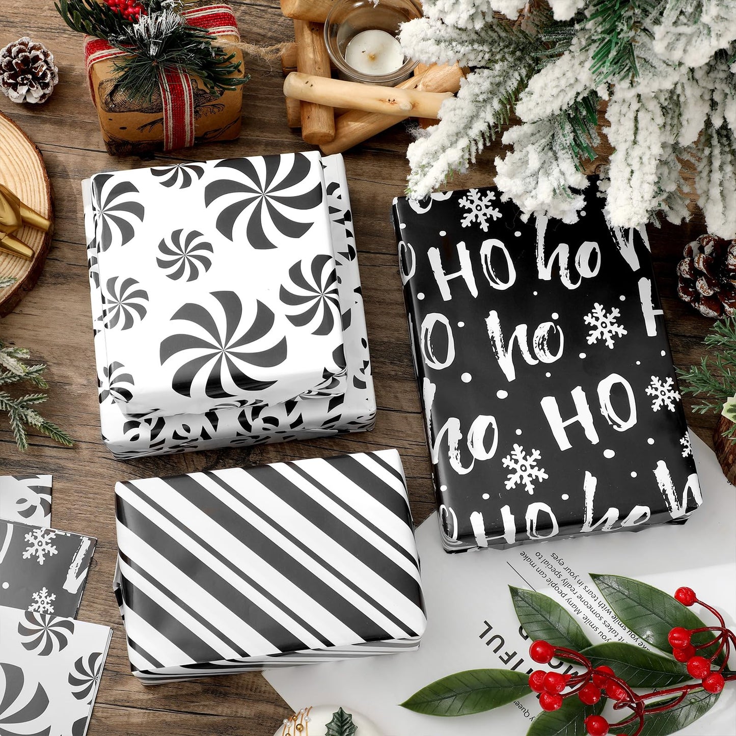 JarThenaAMCS 12 Sheets Christmas Wrapping Paper -Not Roll- Black White Gift Wrap Paper Candy Cane Stripe Folded Flat Craft Papers for Xmas Winter Party Packaging, 27.6 x 19.7 Inch