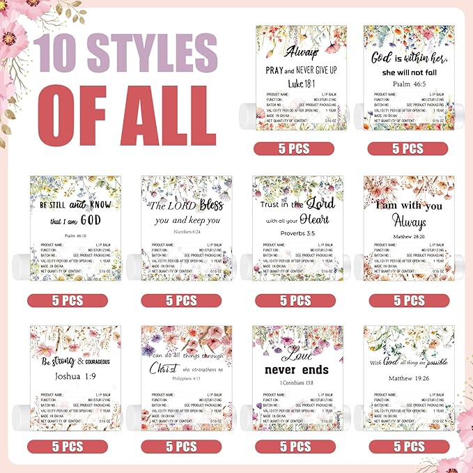 50 Pack Christian Religious Gifts Bulk Lip Balms for Women Men Church Party Favors Bulk Bible Verse Lip Balm with Scripture Inspirational Gifts for Coworkers Staff Employee (Wildflower)
