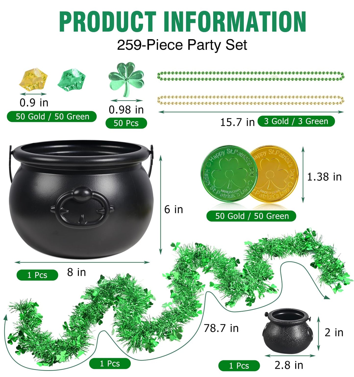 St Patrick's day 8" Black Cauldron Candy Kettle Set with Lucky Shamrock Plastic Coins Shamrock Garlands for St Patty Decorations, St. Patricks Day Party Favor