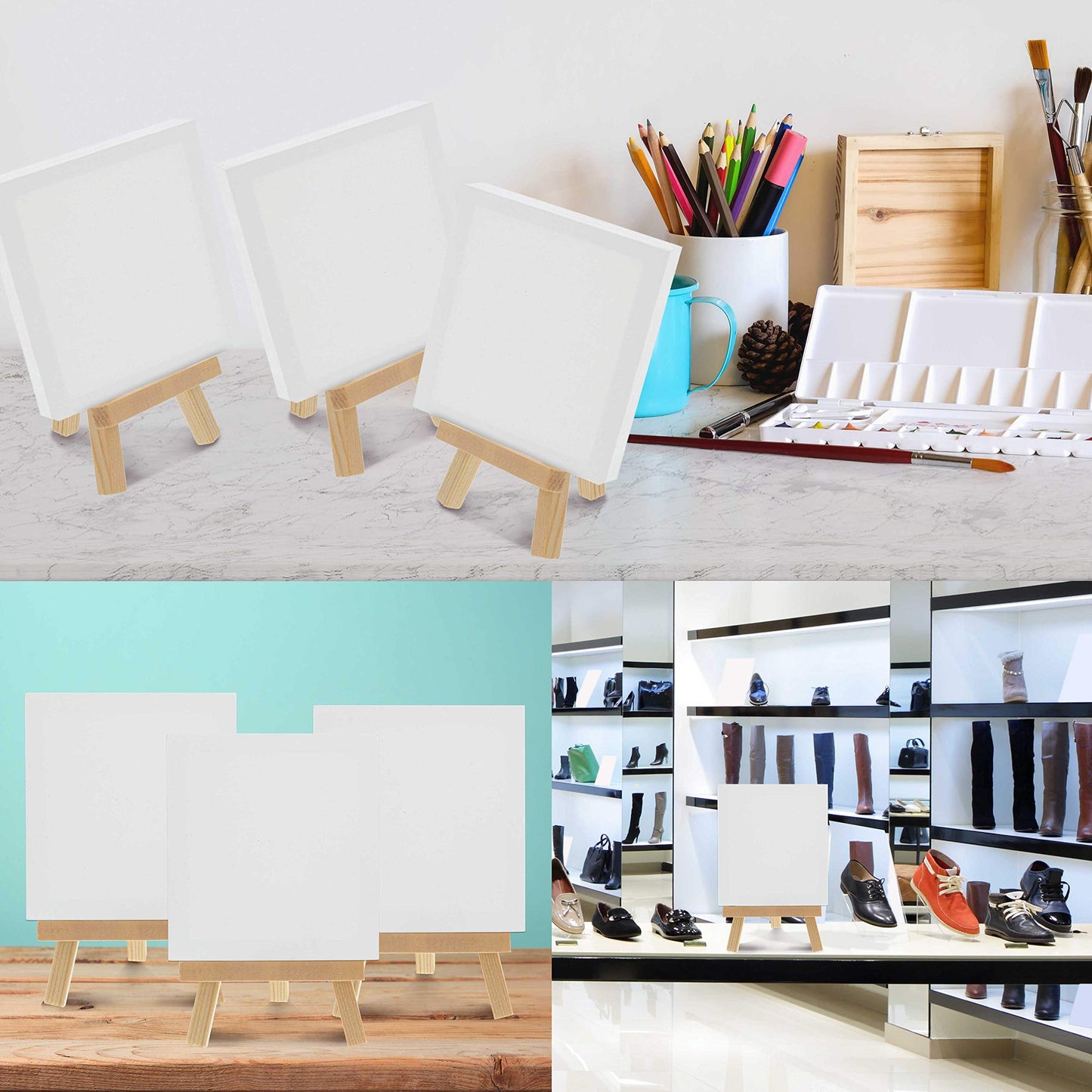 U.S. Art Supply 8" High Small Natural Wooden Easel (6 Pack), A-Frame Canvas Stand Tripod, Small Painting Easels - Tabletop Easel for Painting, Canvases, Student Crafts, Event Signs Photos