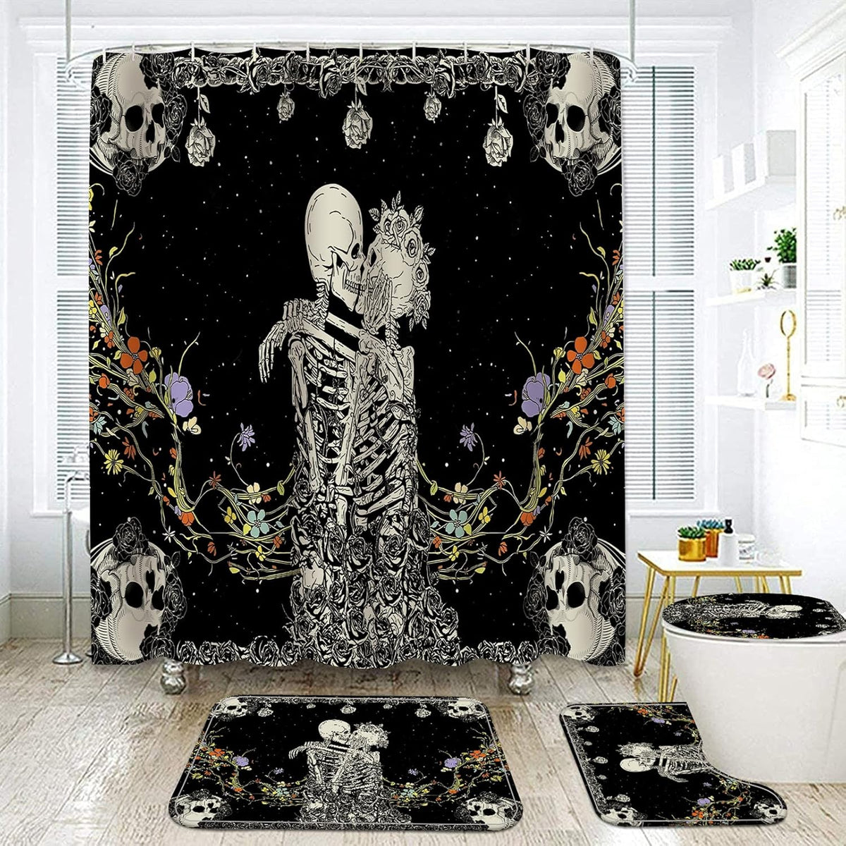 NEWSUYAA Halloween Decorations Shower Curtain Set with Non-Slip Rugs and Bath Mats, 4 Pcs Skull Black and White Skeleton Couple with Floral Bath Decor Toilet Cover Hooks Bathroom Accessory