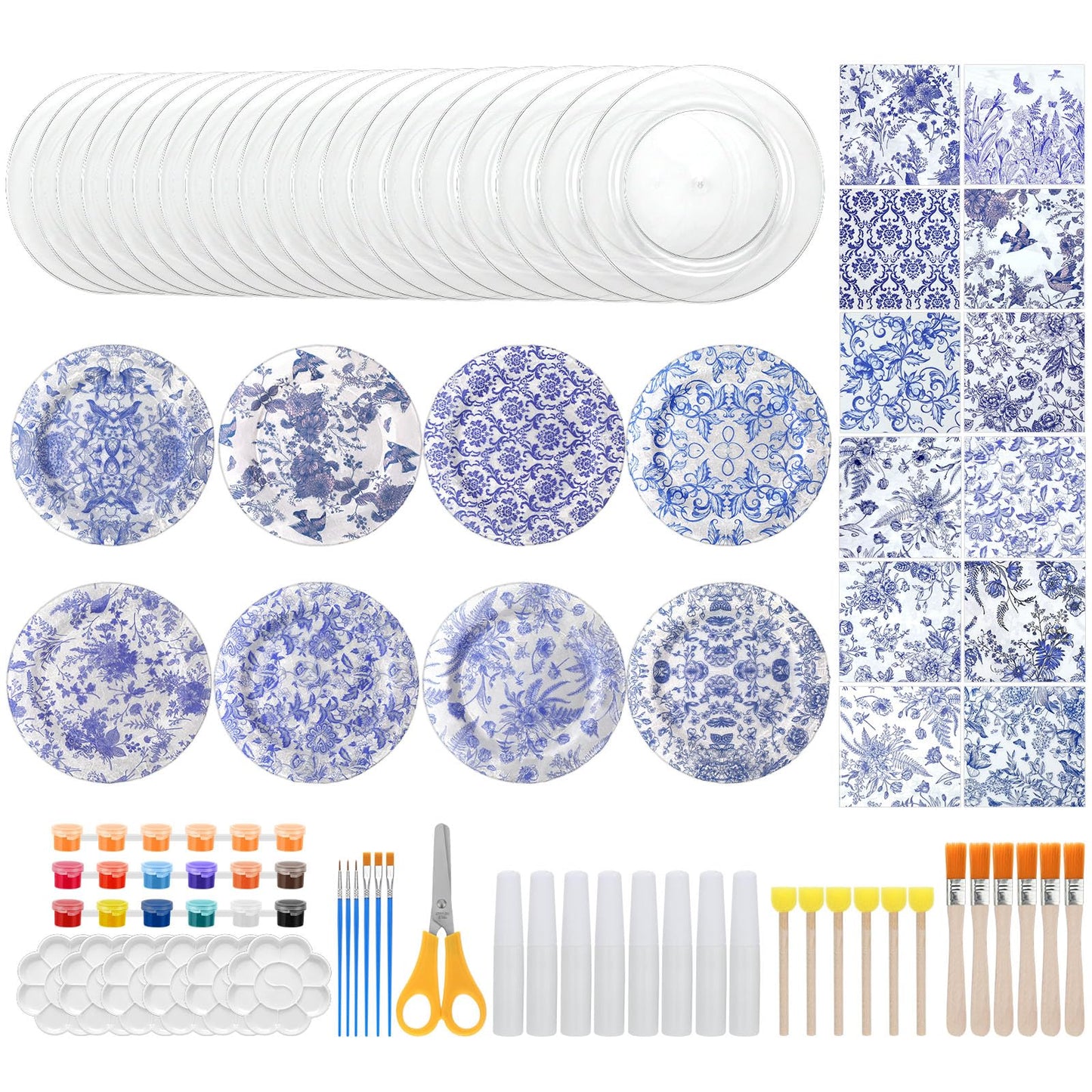 Jinei 20 Set Making Your Own Hostess Plates Painting Kit Decoupage Plastic Plate Blue Floral Decoupage Napkins Glues Brushes for Gatherings Crafts DIY Blue and White Floral Dinner Table Decor