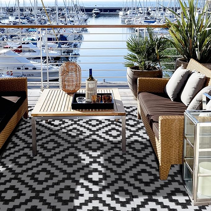 SAND MINE Waterproof Outdoor Rug 4x6 ft, Plastic Reversible Rug, Modern Area Rug, Large Floor Mat for Outdoors, RV, Patio, Backyard, Deck, Picnic, Beach, Camping (4' x 6', Black & White Lattice)
