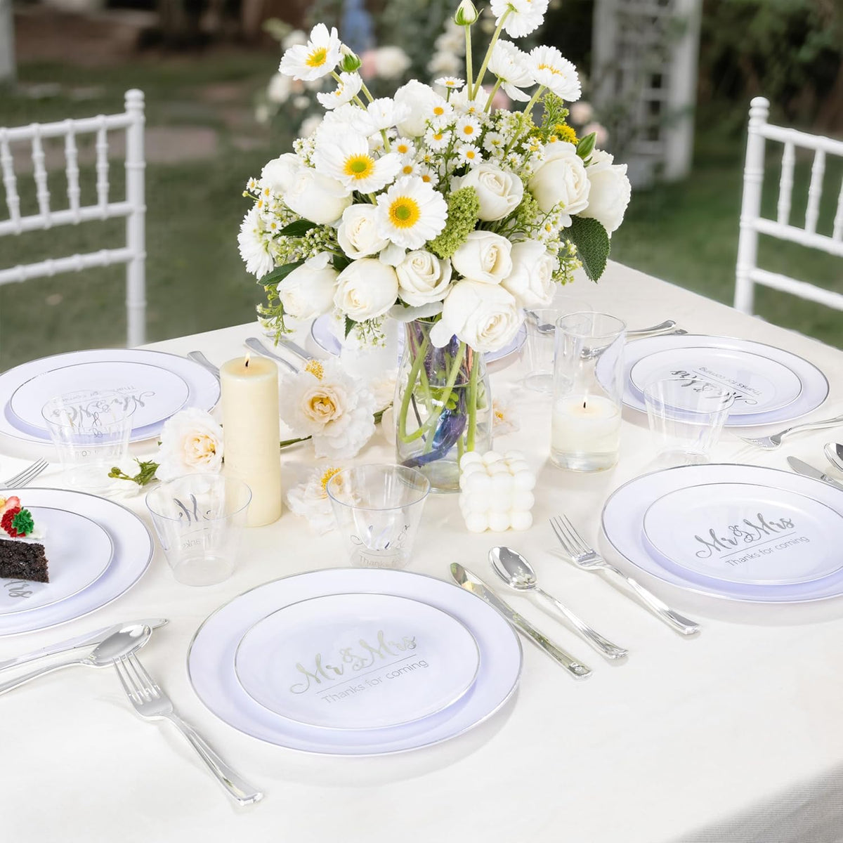 175 Mr and Mrs Silver Wedding Plastic Plates and Napkins Set,Bridal Shower Plates Set for 25 Guests Include 25Dinner Platos,25Dessert Platos,25Cups,25Napkins,25Gold Cutlery for Engagement Party Decor