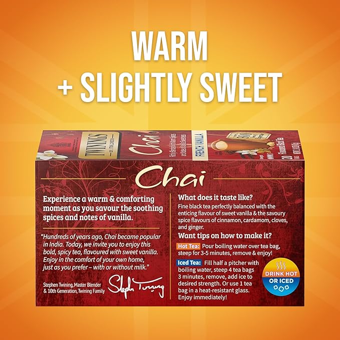 Twinings French Vanilla Chai Black Tea Individually Wrapped Bags, 20 Count (Pack of 1), Warm, Sweet & Spicy, Caffeinated, Enjoy Hot or Iced, 20 Teabags