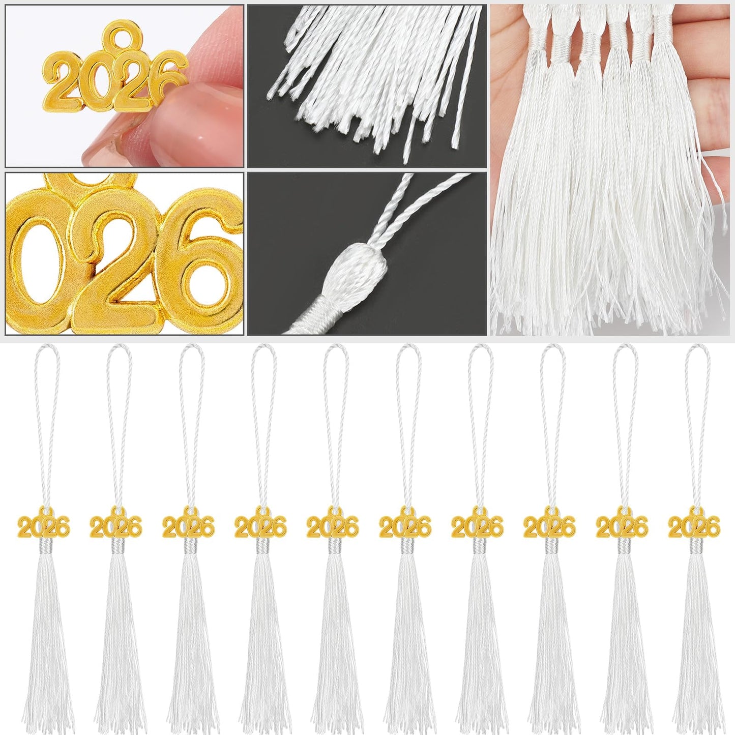 Cindeer 100 Pcs Mini Graduation Tassels with 100 Pcs 2026 Tassel Charms for Crafts Mini Silky Bookmark for Graduation Cap Keychain Ornaments DIY Craft Jewelry Making Project(White)