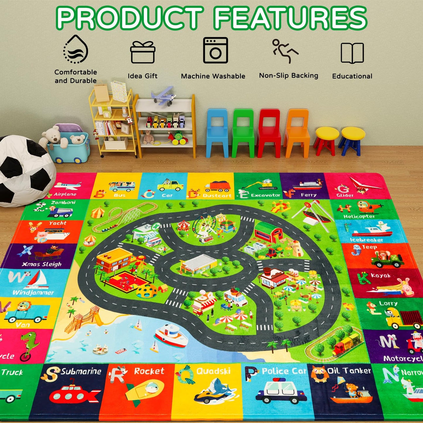 AKASISRUG ABC Transportation Kids Rugs 78.7"×59" for Playroom Educational Alphabet Mat