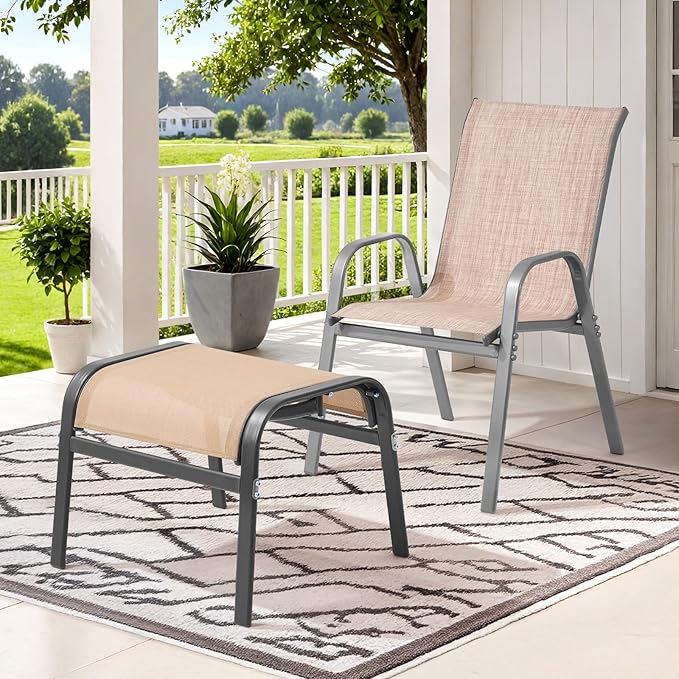 ONBRILL Outdoor Ottoman Set of 2, All Weather Outdoor Foot Stool with Supportive Textliene and Metal Frame, Stackable Oversized Outdoor Foot Rest for Furniture Patio Garden Pool, Beige