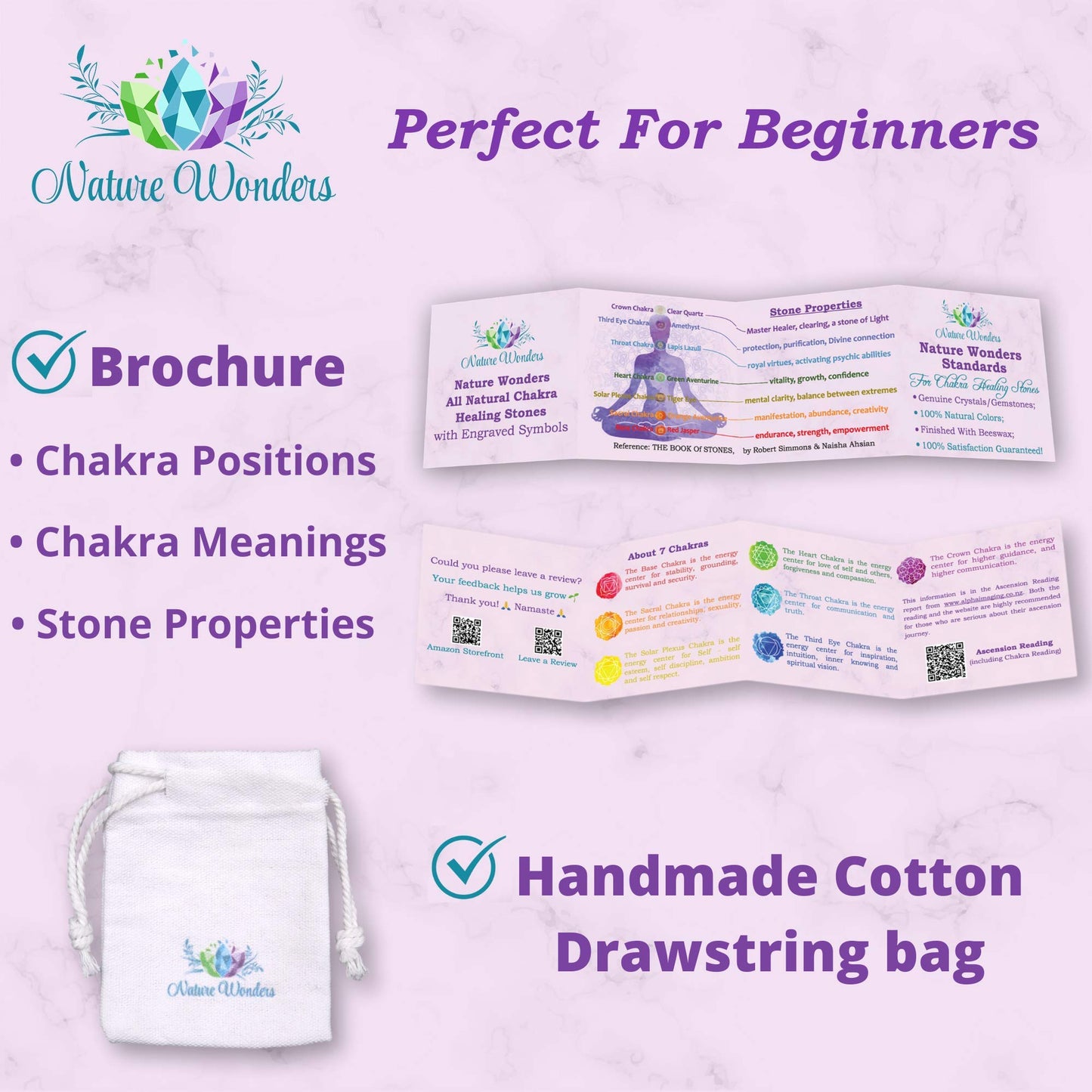 NatureWonders All Natural Chakra Stone Set with Information Brochure & Travel Pouch - Healing Crystals, Polished Palm Stone, Meditation, Reiki, Energy