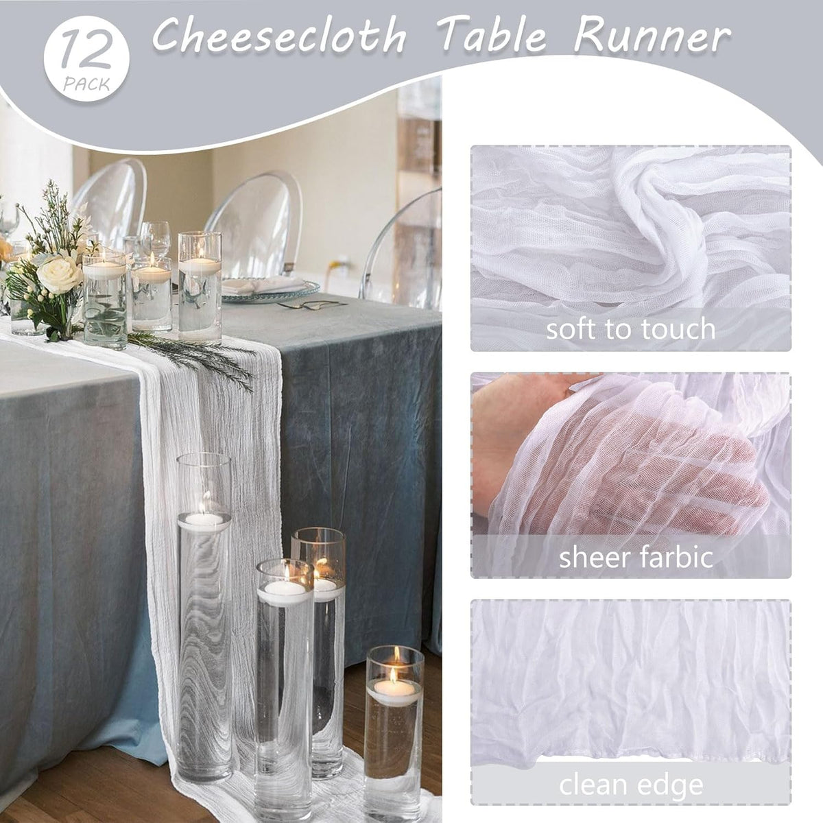 12 Pack Boho Gauze Table Runner - 35x72 Inch Rustic Cheese Cloth Long Table Runner for Wedding, Bridal Shower, Birthday Party Decor (White)