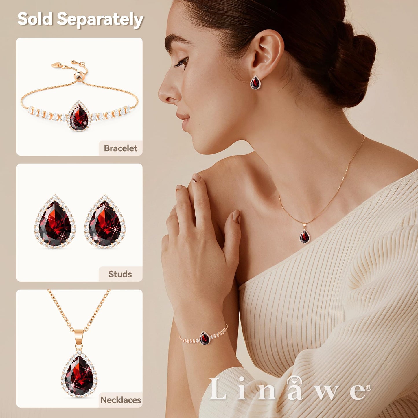 Linawe Burgundy Red Imitation Diamond Stud Earrings for Women, Cubic Zirconia Earrings Studs Rose Gold, Teardrop Statement Rhinestone Garnet Crystal Earrings Set, Costume Wedding Jewelry