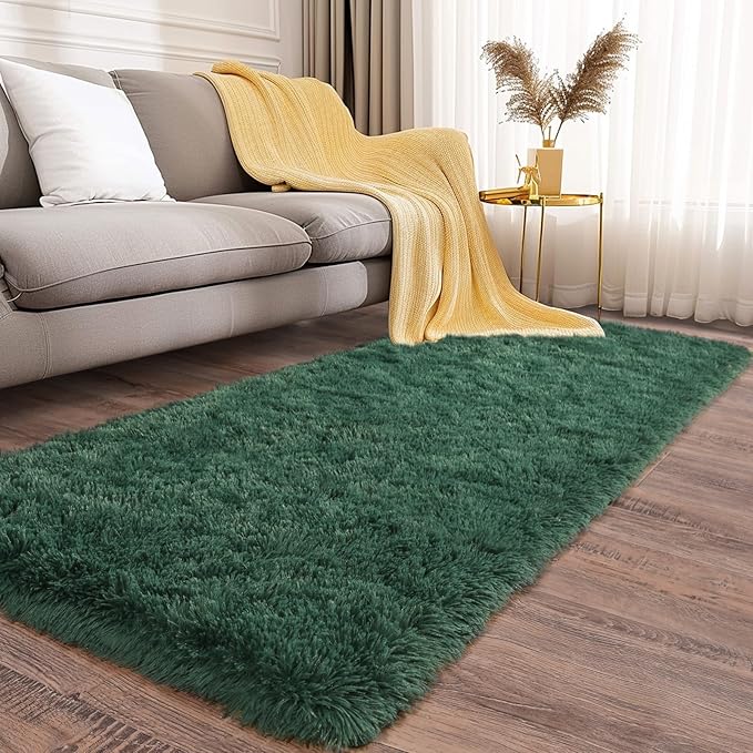 Soft Runner Rugs for Bedroom Hallways, 2 Packs 2x6 Green Fluffy Shag Throw Area Rug Non Slip for Bedside Dorm, Long Shaggy Furry Carpet for Nursery Living Room