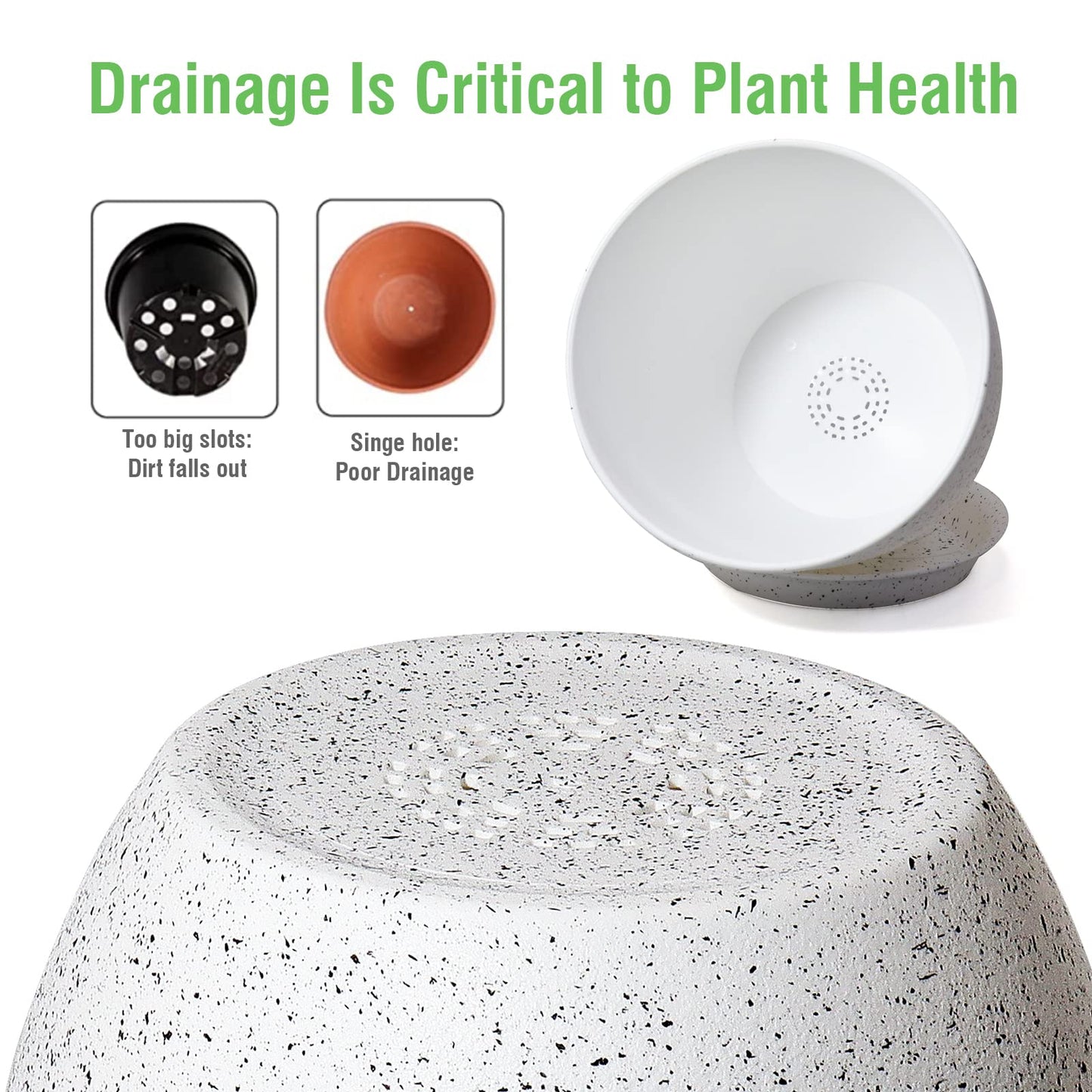 UOUZ 12/10/9 Large Modern Plant Pots, Plastic Planters with Drainage Holes and Saucers for Indoor Outdoor Plants Flowers, White Speckles