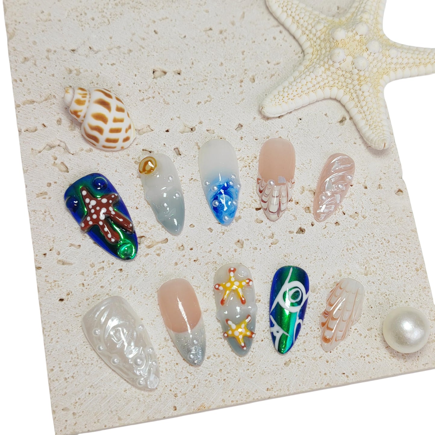 Almond Press on Nails Handmade Medium Long/Stiletto 3D Flower Fake Nail with Designs, Women Reusable False Nails (Ocean Starfish, M)
