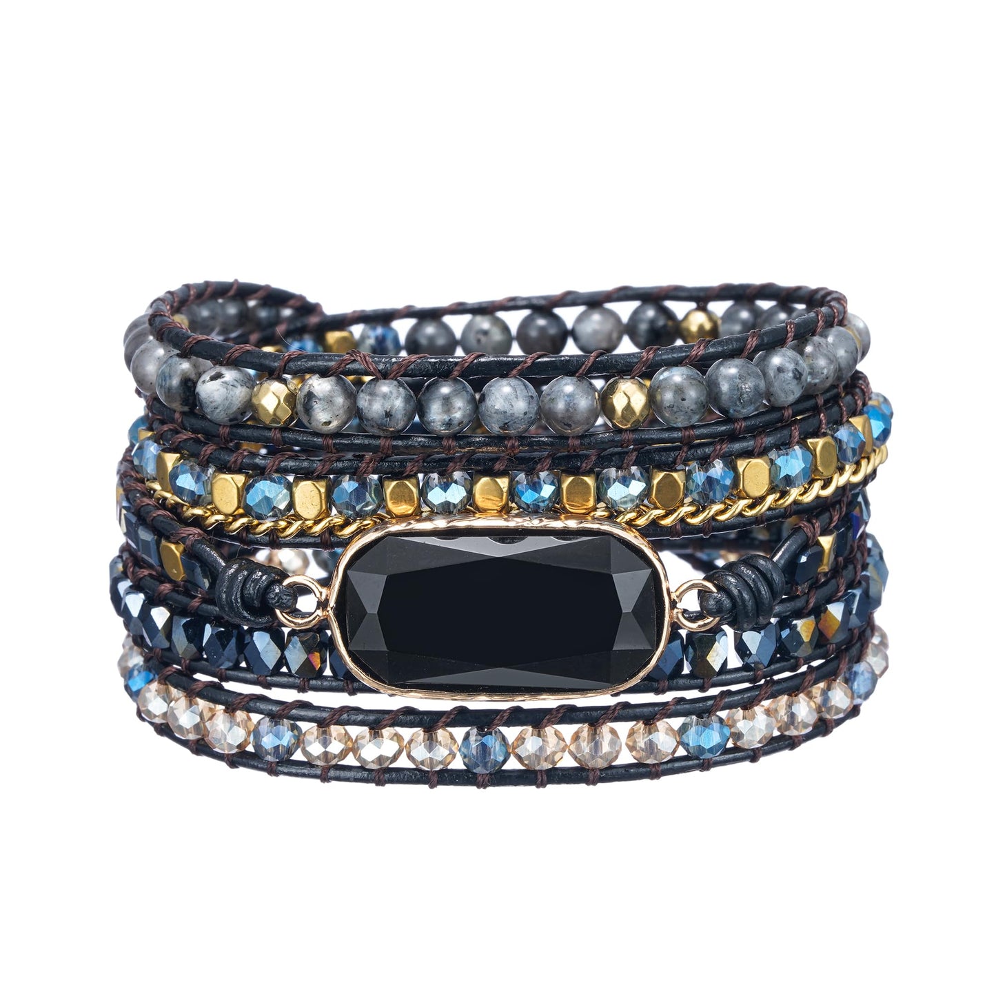 Plumiss Black Onyx Wrap Bracelet for Women Men, Handmade Leather Beaded Bracelet with Natural Black Onyx Crystals, Bohemian Gemstone Statement Bracelet Adjustable Boho Jewelry Gift