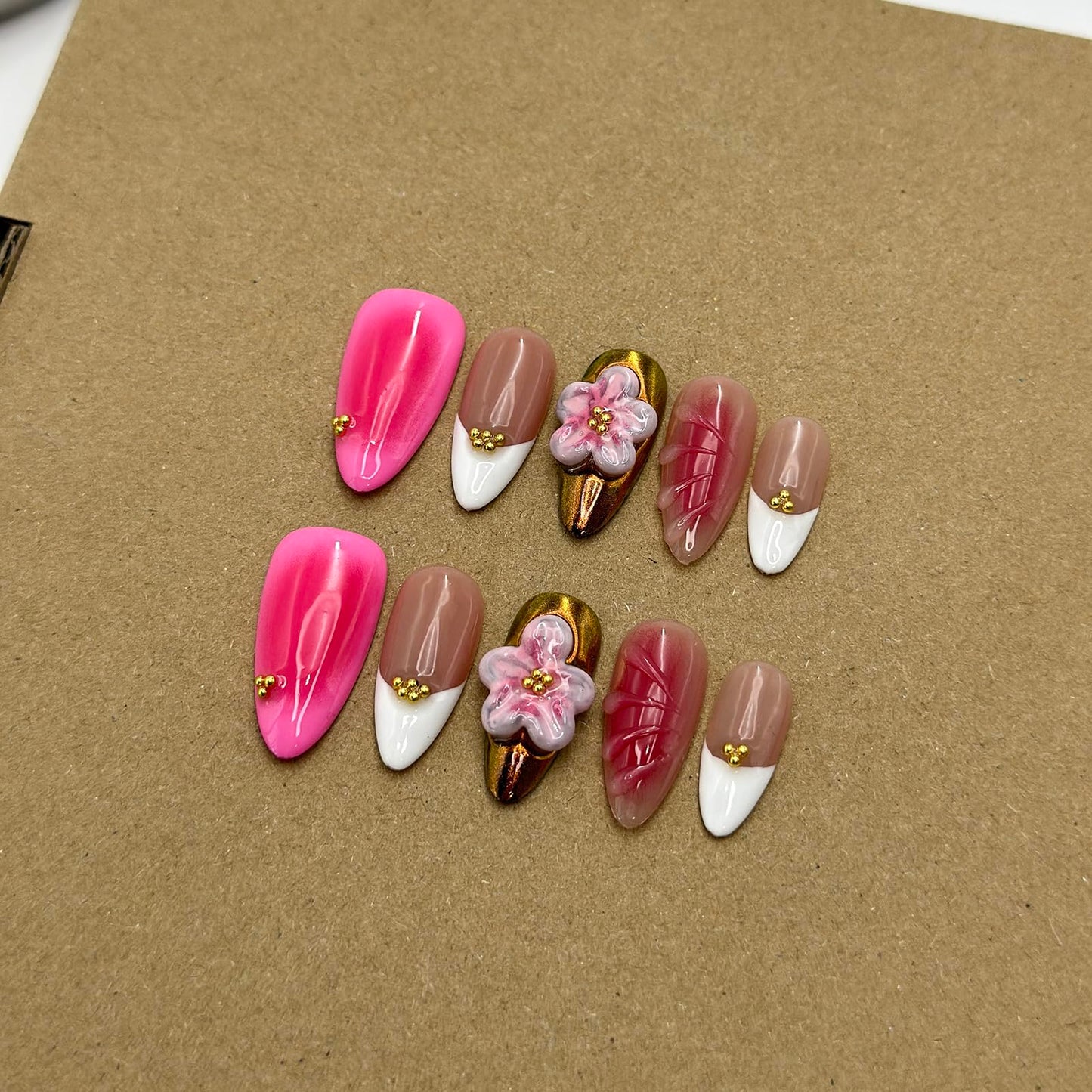 Luxury Press on Nails Medium Almond Handmade 3D Unique Reusable ABS Material Fake Nails White French Tip False Nails with Designs Pink Flower Art Petal Glossy Glue on Nails Thick Acrylic Nails(M)