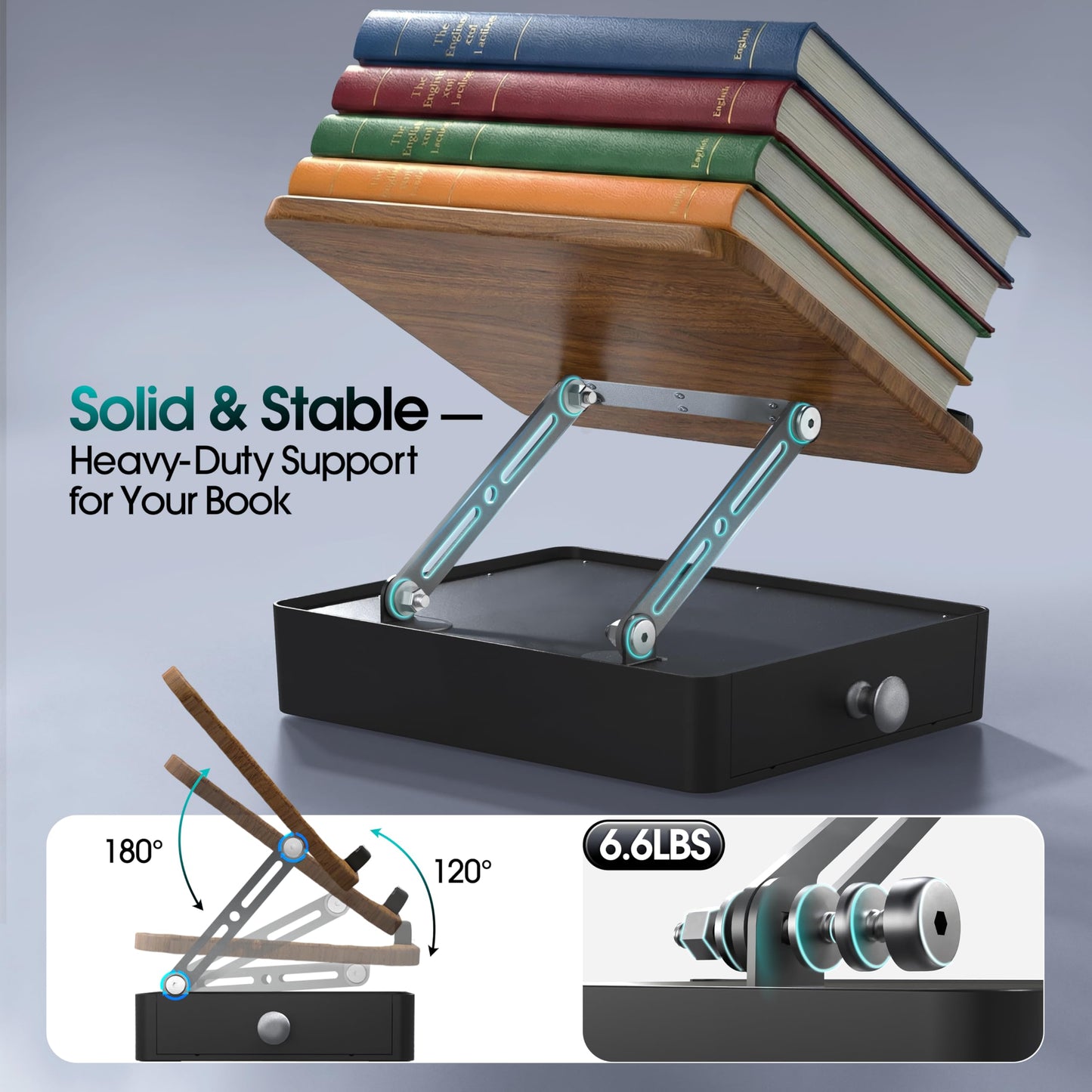 Book Stand with Storage Drawer, Adjustable Wooden Reading Stand for Desk, Ergonomic Height & Angle Book Holder for Textbooks, Cookbooks, Documents (Walnut Finish, 9.8" x 13.8" Large Panel)