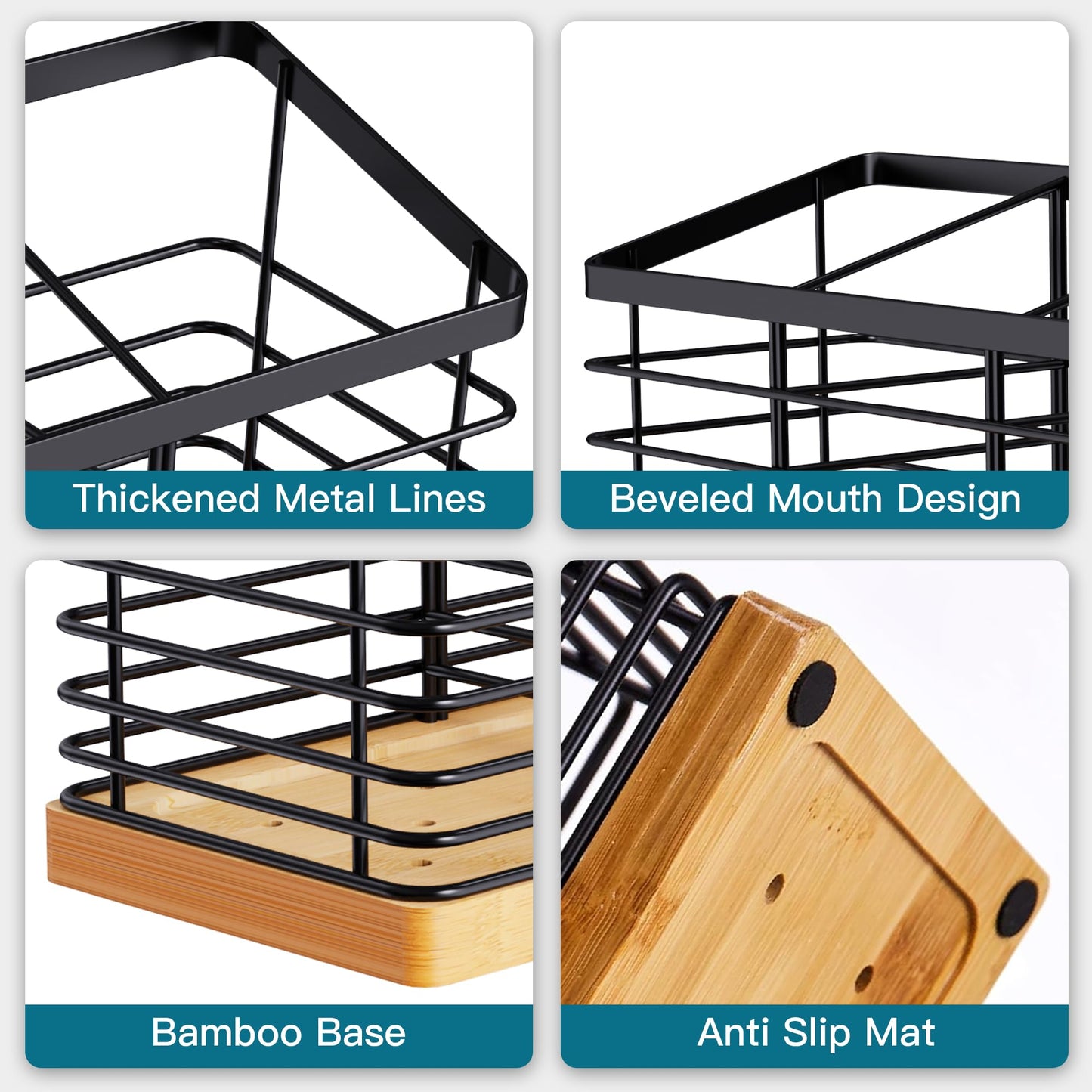 Suli Extra Large Kitchen Utensil Holder with 4 Compartments, Matte Black Metal holder with Wooden Base for Countertop, Farmhouse Cooking Utensil Storage, Rustic Cooking Utensil Organizer