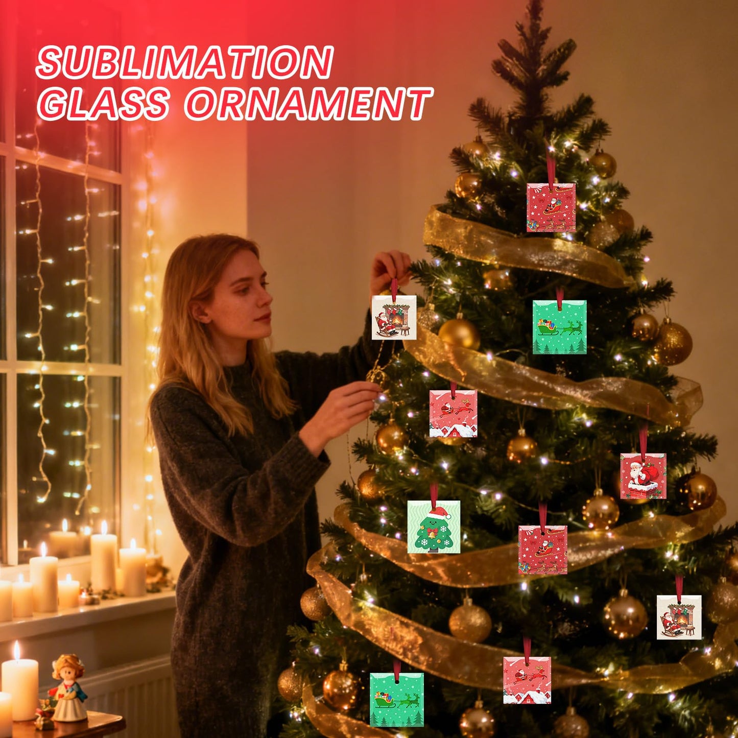 24 PCS Glass Sublimation Blanks Ornament Sublimated Glass Square 3 Inch with Red Ribbons,Personalized Christmas Ornaments