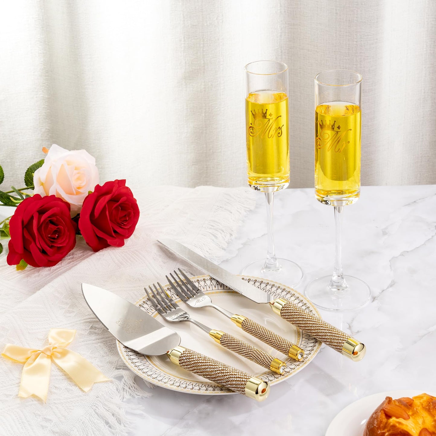Wedding Cake Cutting Set, Champange Flutes with Cake Knife and Server Set for Bride and Groom Anniversary Engagement Bridal Shower Gifts