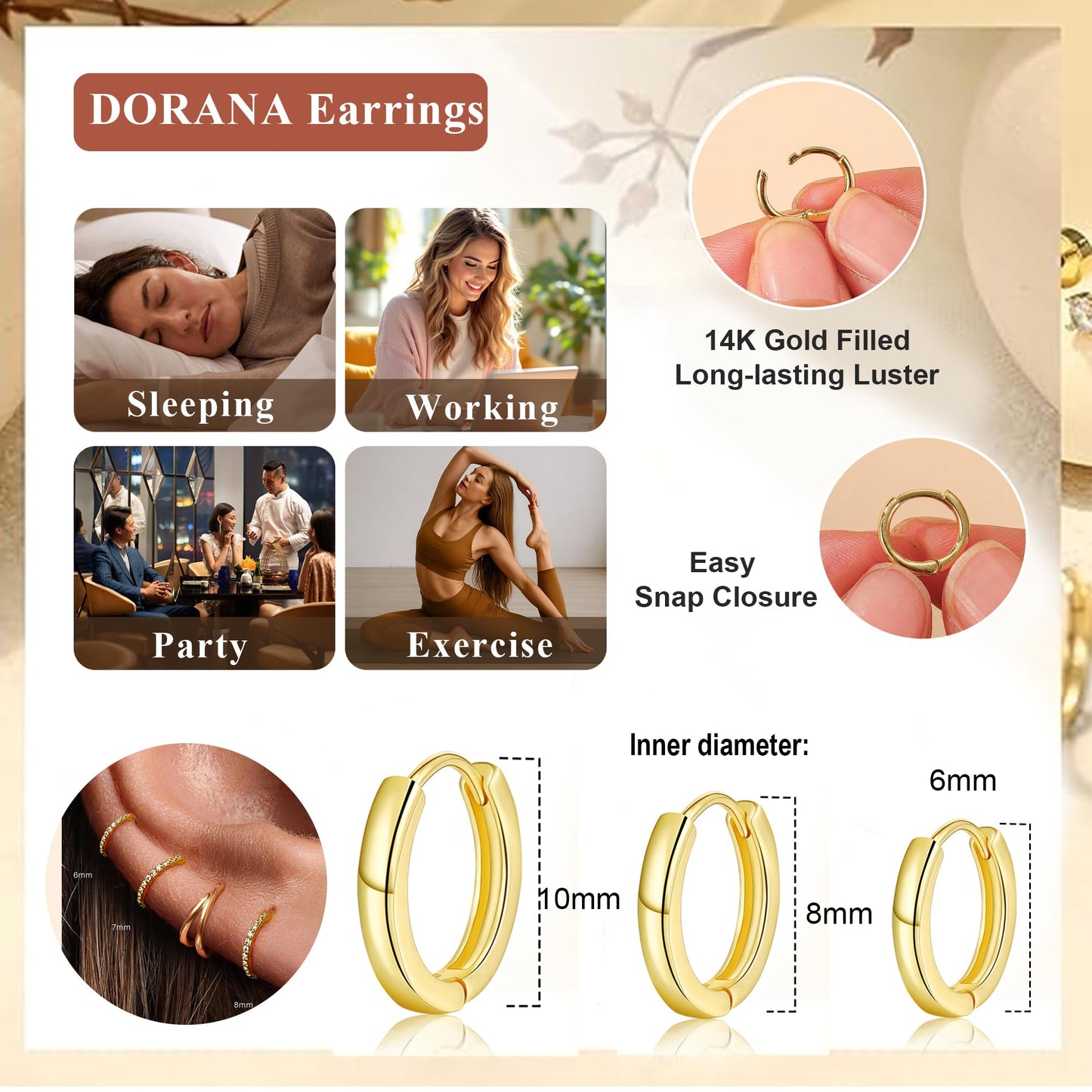 DORANA 3 Pair Small Gold Hoop Earrings Set for Women 925 Sterling Silver Huggie Earrings Non Tarnish Small Cartilage Hoops Stackable Earring Stacks Sets for Multiple Piercing
