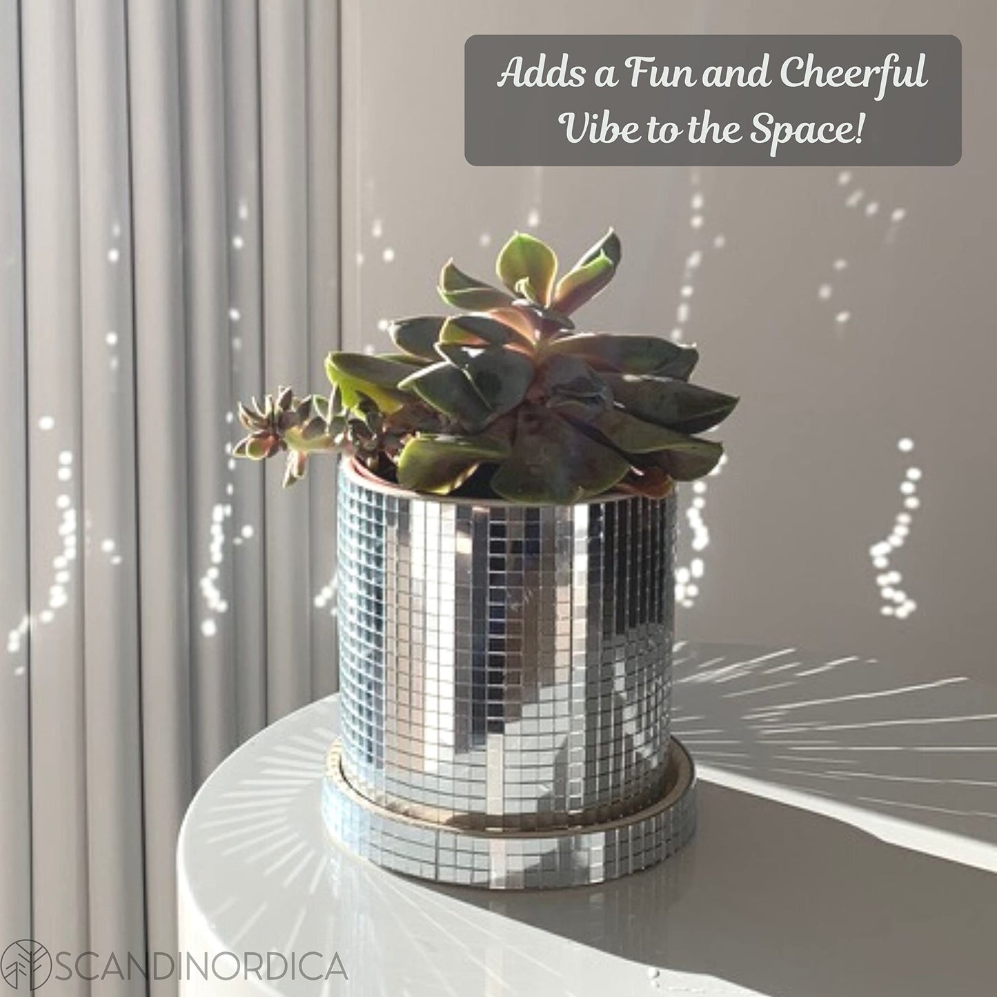 SCANDINORDICA Disco Ball Planter 6" Gold with Chain and Macrame Hanger and Disco Ball Planter Pot 4.3" with Saucer (0.2x0.2 mirror tiles)