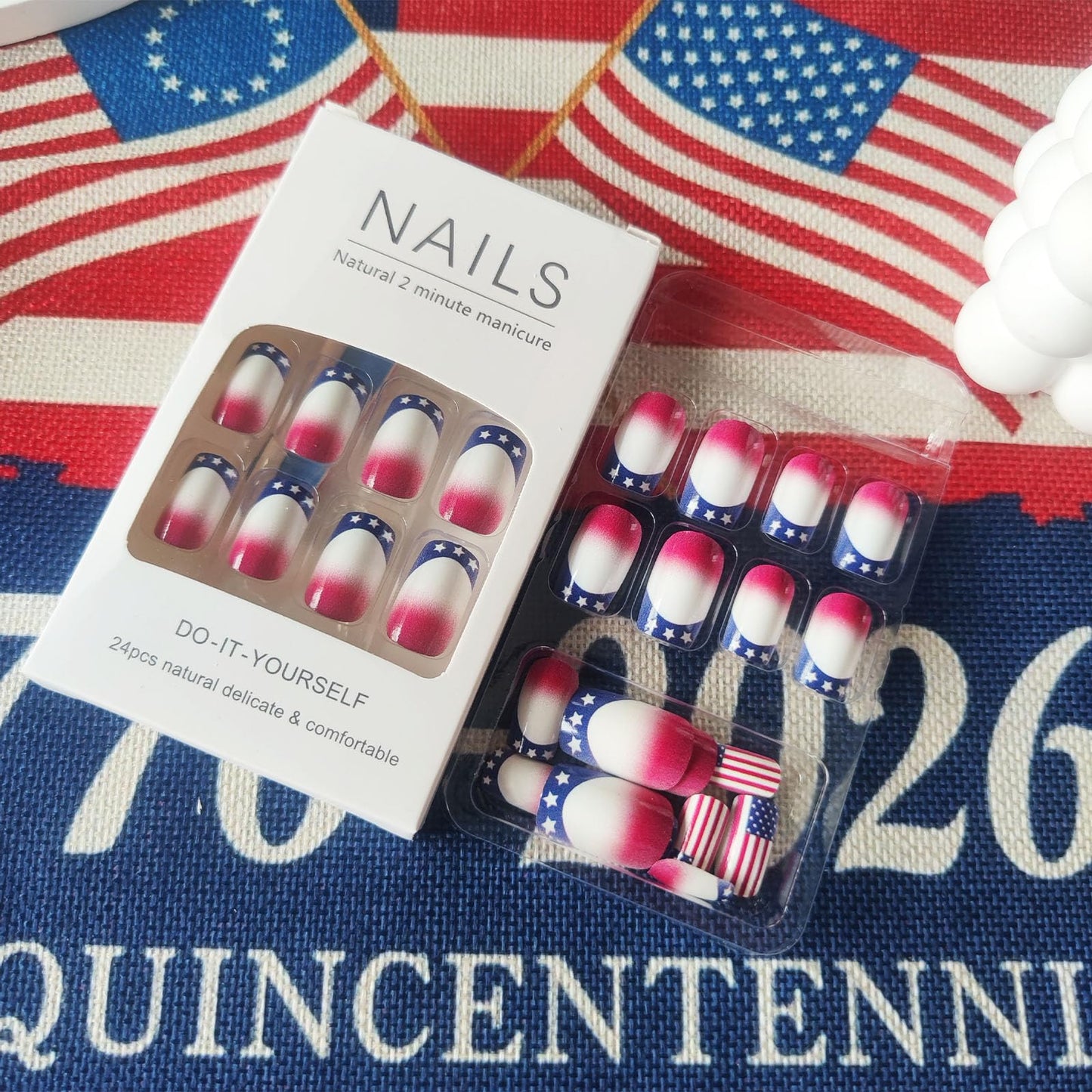 4th of July Press on Nails Glossy Blue French Tips Glue on Artificial Fingernails American Flag Fake Nails 24 Pcs Independence Day Acrylic False Nail HZJXRT Medium Square Stick on Nail for Women Gift
