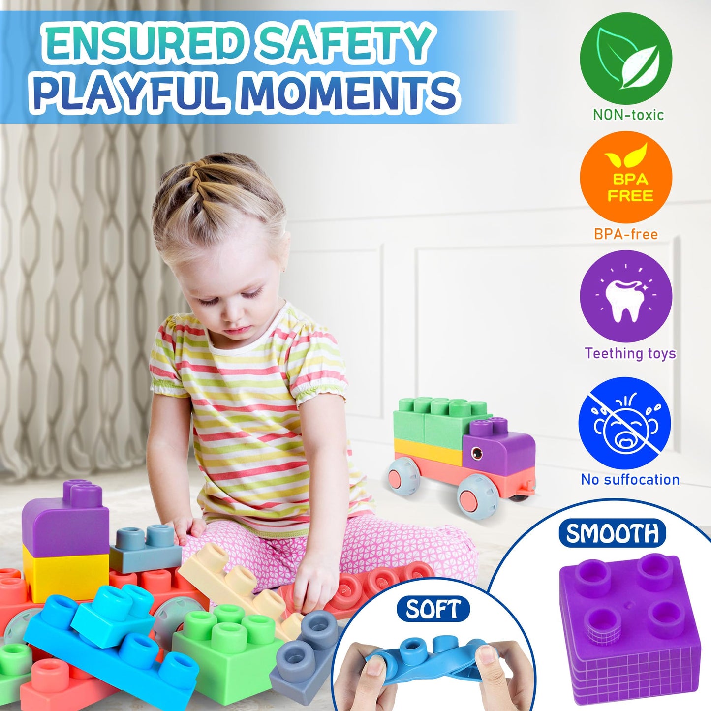 ROHSCE Baby Soft Blocks Set, Big Building Block Toys, Soft Rubber Blocks for Babies 6 Months and Up STEM Educational Toddler Gifts, Baby Soft Blocks Sensory Stacking Toys, 80PCS