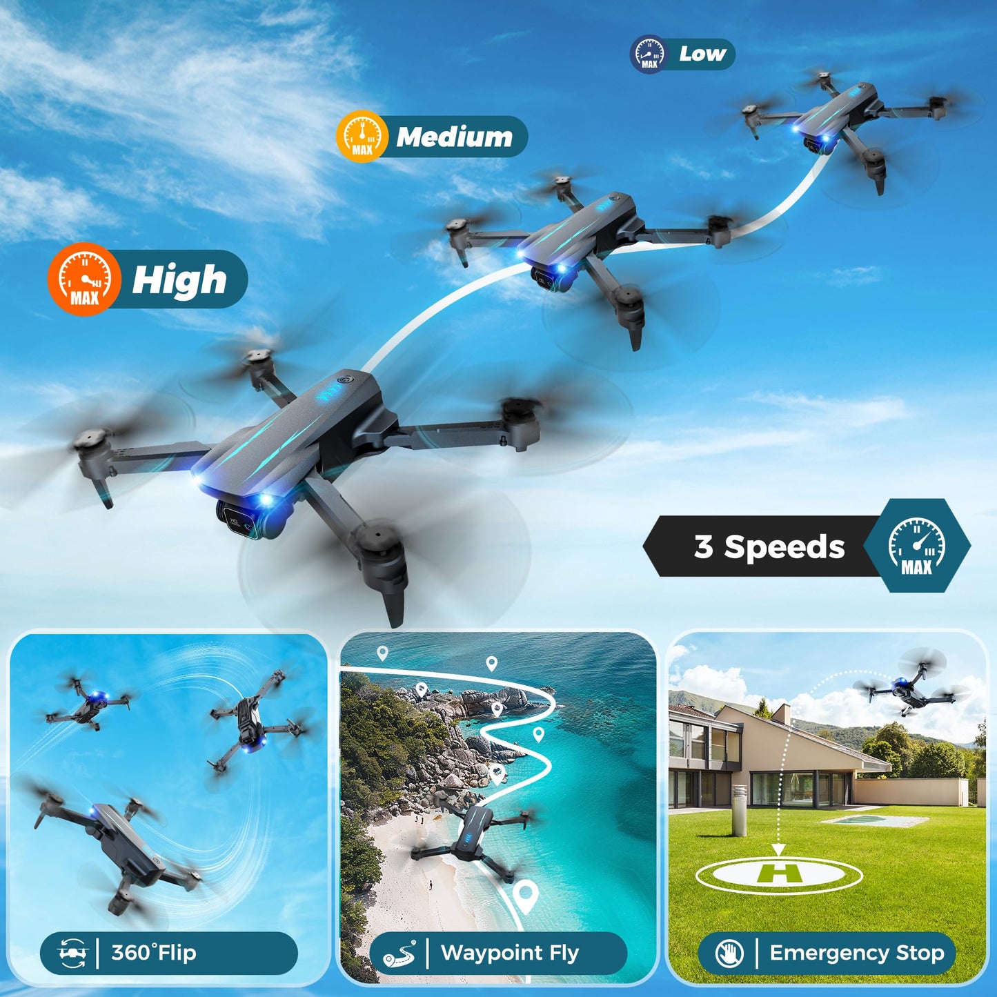 Drone with 1080P FPV Camera, Drone for Kids Adults with One Key Take Off/Land, Altitude Hold, 3D Flip, Waypoint Flight, Gestures Selfie, Gravity Control, 3 Speed, 2 Battery, Mini Drone with Camera for Kids 8-12 10-15, Beginners