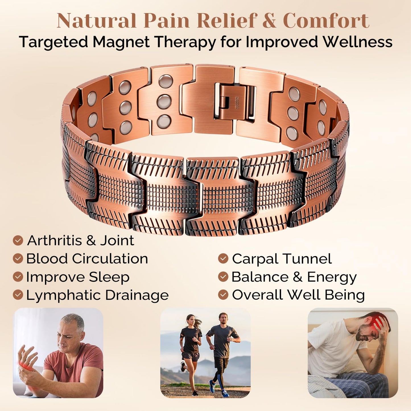 JEROOT Men's 99.99% Pure Copper Magnetic Bracelet, 3500 Gauss Magnets Adjustable with Sizing Tool