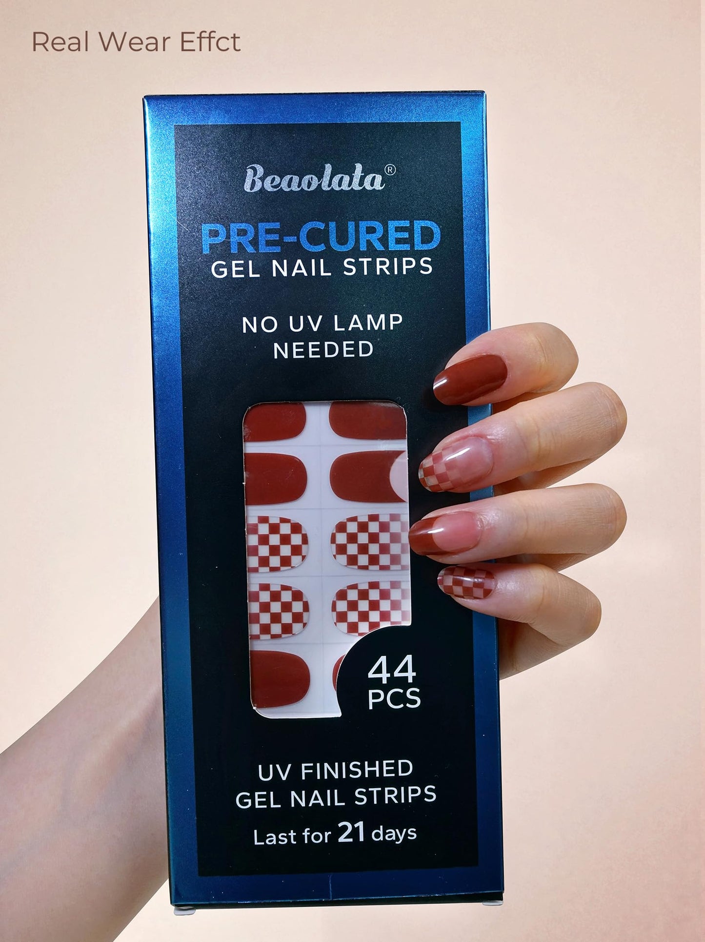 Beaolata Real Gel Nail Strips (No UV Light Needed) - 44Pcs Salon Quality Nail Stickers - Long Lasting Polish Wraps for Women, Easy Apply & Remove (Chestnut Brown